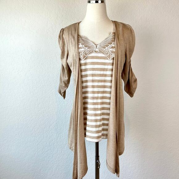 Vintage Y2K Butterfly Embroidered Top size Large Striped Tan Fairy 2000s Shrug - Picture 1 of 10